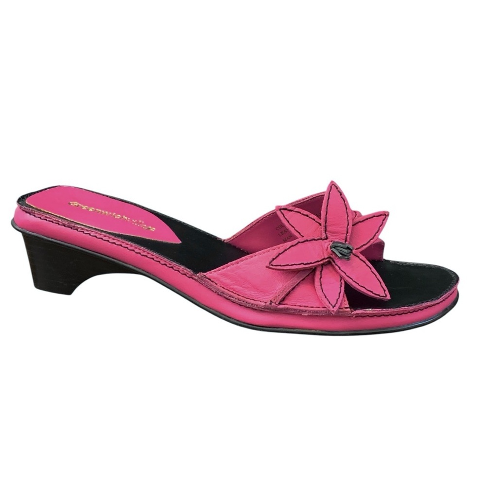 Greenwich Village Sandals Womens 8 Pink Black Leather Flower Kitten Heel Y2K